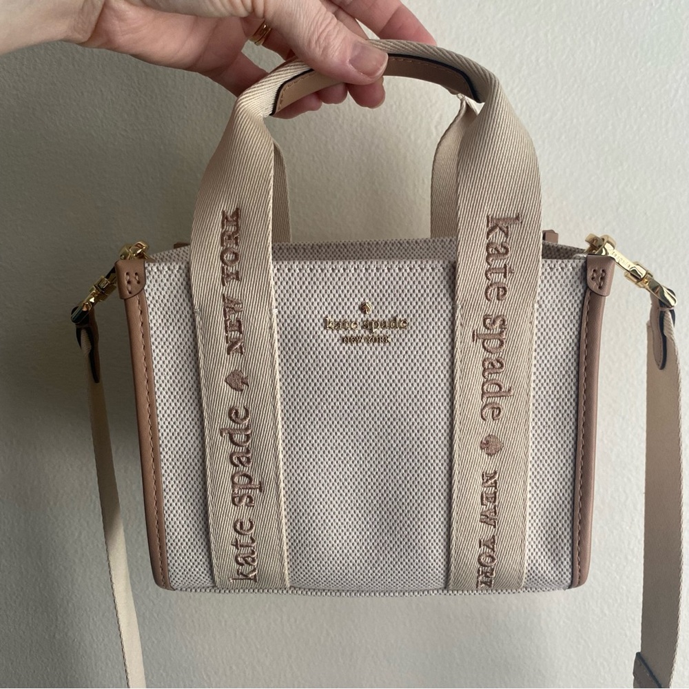 kate spade Kip Canvas Mini Tote crossbody handbag beige, removable strap, logo - Picture 6 of 13